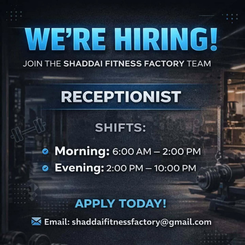 Now Hiring Receptionist – Shaddai Fitness Factory
