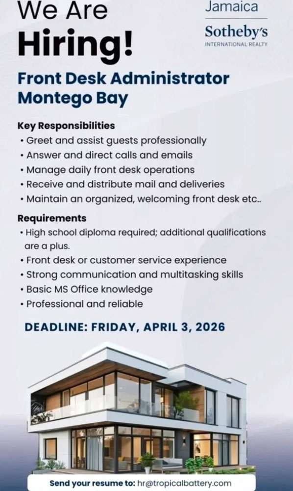 Front Desk Administrator Wanted – Montego Bay (Apply Now)