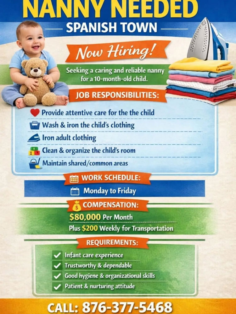 Nanny Needed in Spanish Town – $80,000 Monthly Job Opportunity