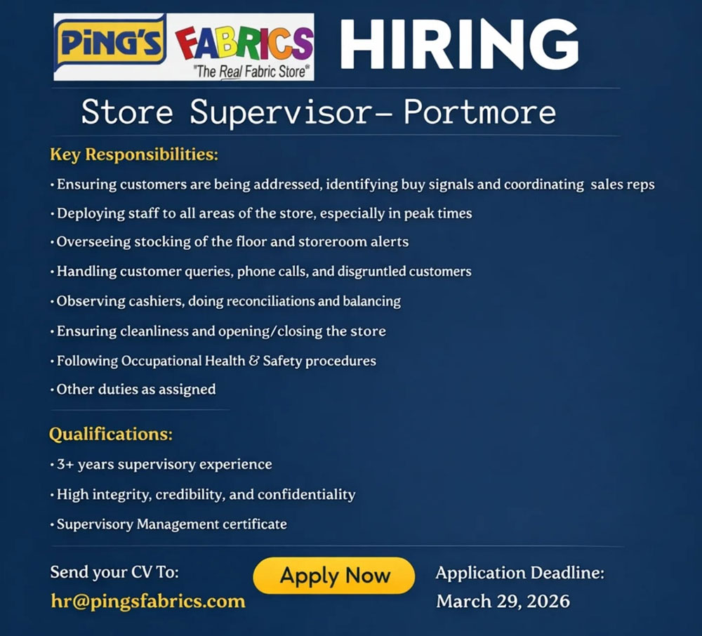 Store Supervisor (Portmore) Ping's Fabrics Apply by March 29