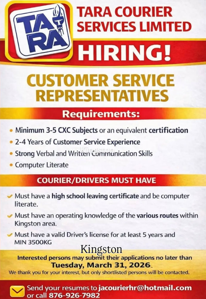 Tara Courier Services Limited Hiring Customer Service Reps & Drivers – Apply by March 31, 2026