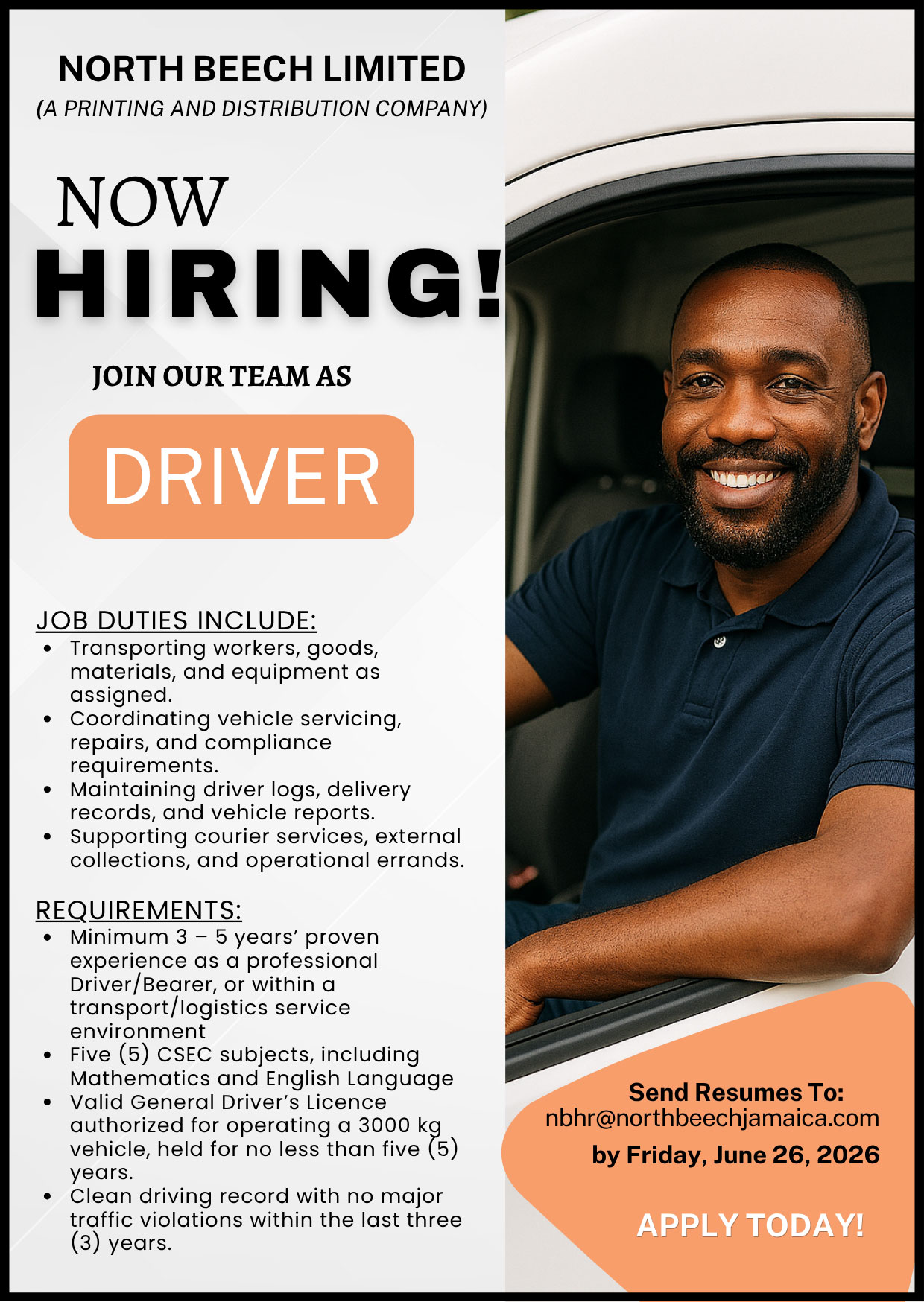 North Beech Limited Now Hiring: Professional Driver