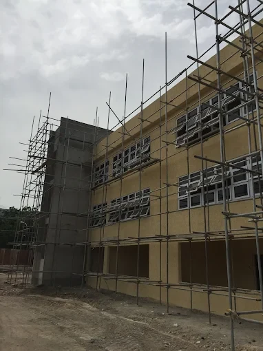 Commercial building surrounded by scaffolding