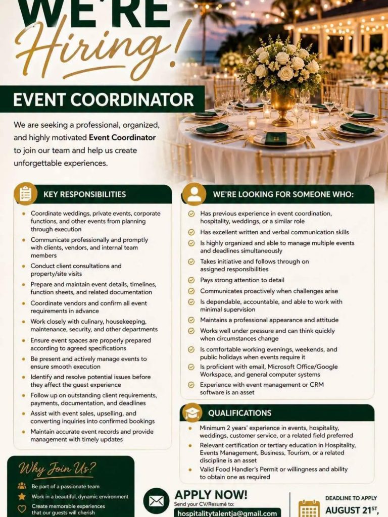 Job advertisement: Event Coordinator Vacancy – Hospitality Career Opportunity in Jamaica
