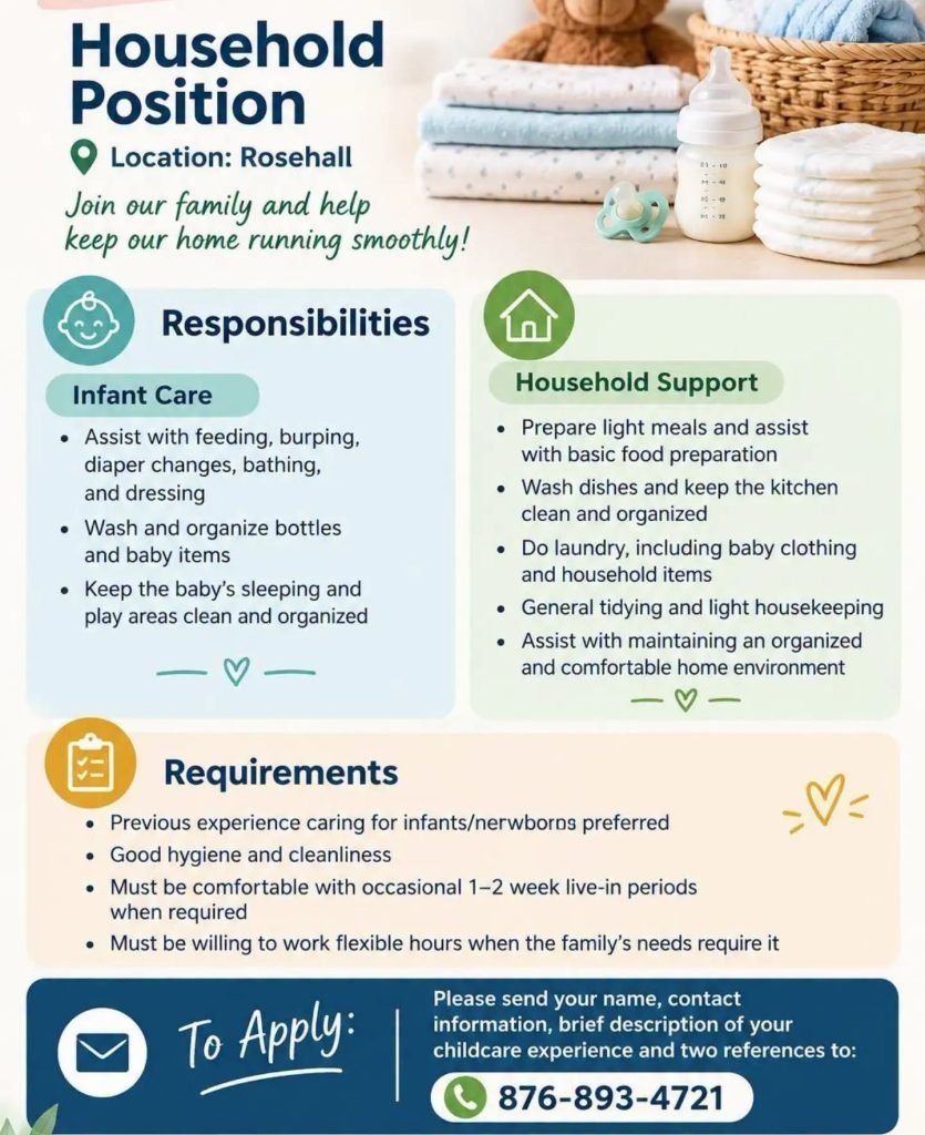 1. Infant Care & Housekeeping Job Opportunity in Rose Hall