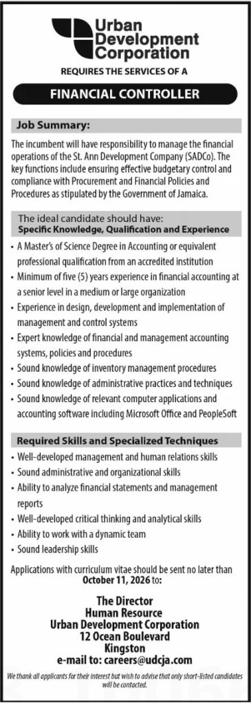 Job advertisement: Financial Controller Vacancy – Urban Development Corporation