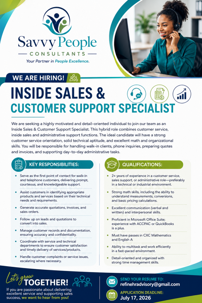 Job advertisement: Inside Sales & Customer Support Specialist