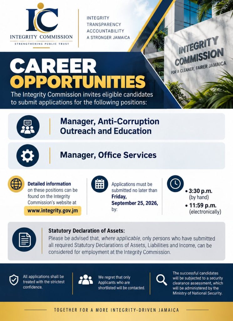 Job advertisement: Integrity Commission Career Opportunities – Manager Vacancies