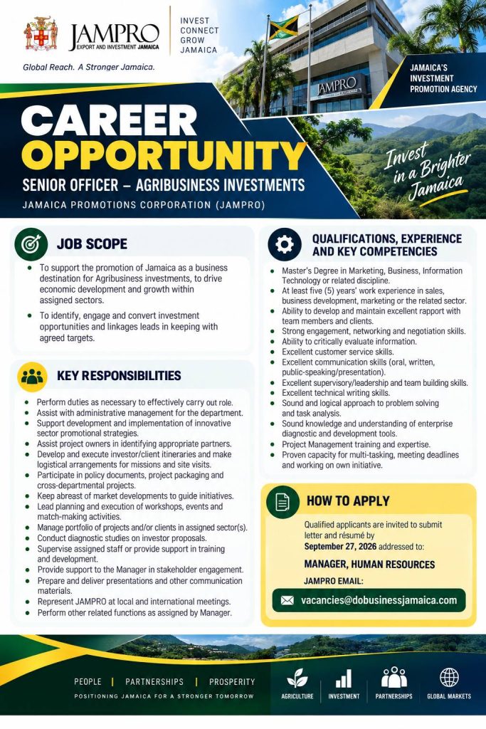 Job advertisement: Senior Officer – Agribusiness Investments Vacancy at JAMPRO