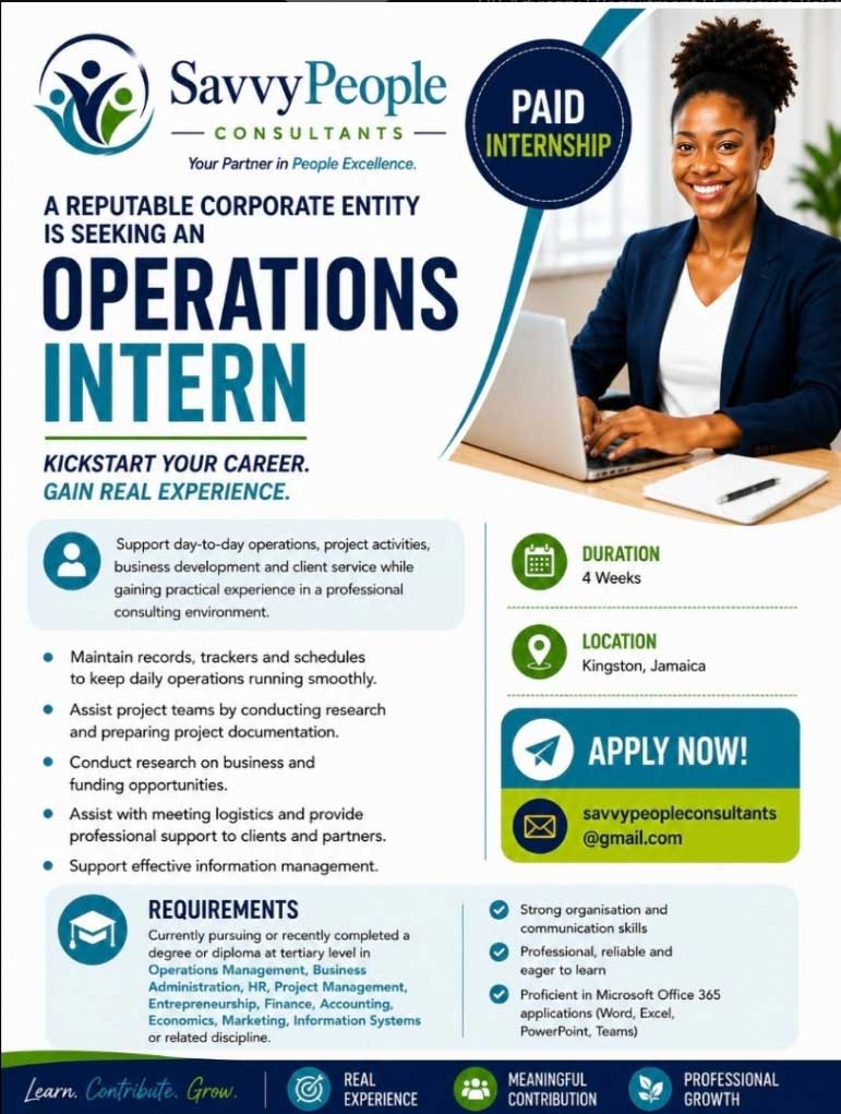 Job advertisement: Operations Intern Vacancy in Kingston – SavvyPeople Consultants