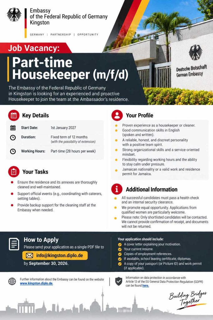 Part-Time Housekeeper Job in Kingston – German Embassy