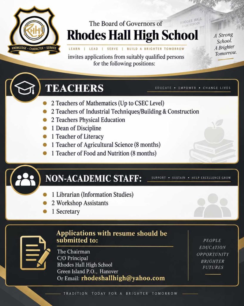 Teaching Jobs in Hanover, Jamaica – Rhodes Hall High School