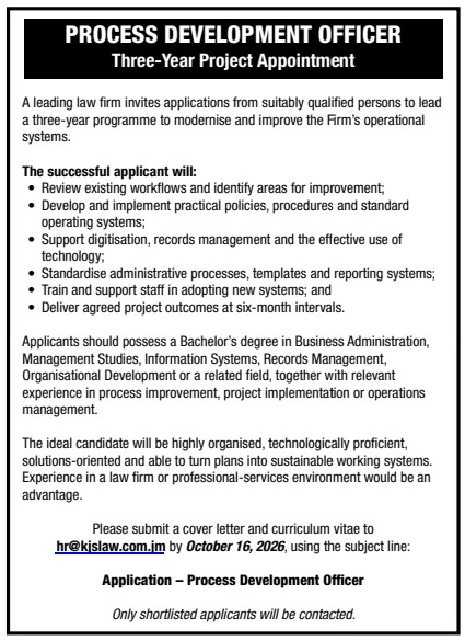 Job advertisement: Process Development Officer Vacancy – Three-Year Project Appointment